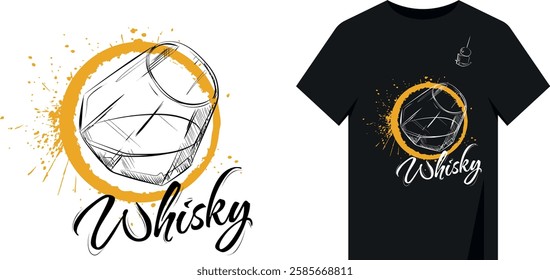 Minimal hand drawn t-shirt design. Circle with splashes, whiskey glass, signature