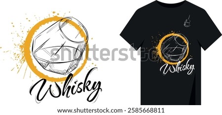 Minimal hand drawn t-shirt design. Circle with splashes, whiskey glass, signature