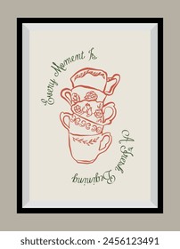 Minimal hand drawn vector coffee illustration with aesthetic quote in a poster frame. Matisse style illustrations.