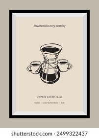 Ilustración de café de Vector dibujado a mano mínimo con cita estética en un marco de póster. Arte para tarjetas de felicitación, invitaciones de boda, postales, marca, diseño de logotipo. Ilustraciones de estilo Matisse.	