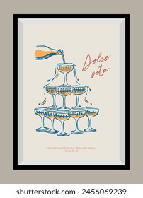 Minimal hand drawn vector dolce vita illustration with aesthetic quote in a poster frame. Matisse style illustrations.