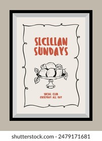 Minimal hand drawn vector dolce vita illustration with aesthetic quote in a poster frame. 