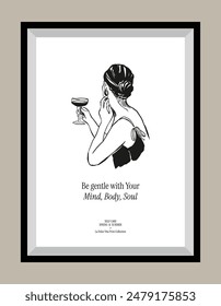 Minimal hand drawn vector dolce vita illustration with aesthetic quote in a poster frame. Matisse style illustrations.	