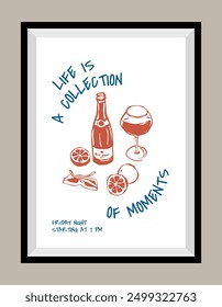 Minimal hand drawn vector dolce vita illustration with aesthetic quote in a poster frame. Art for greeting cards, wedding invitations, postcards, branding, logo design. Matisse style illustrations.	