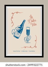 Minimal hand drawn vector dolce vita illustration with aesthetic quote in a poster frame. Art for greeting cards, wedding invitations, postcards, branding, logo design. Matisse style illustrations.	