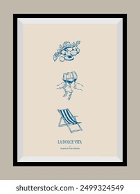 Minimal hand drawn vector dolce vita illustration with aesthetic quote in a poster frame. Art for greeting cards, wedding invitations, postcards, branding, logo design. Matisse style illustrations.	