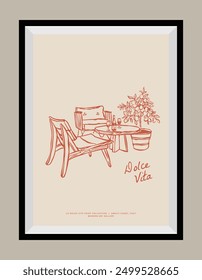 Ilustración de dolce vita de Vector dibujado a mano mínima con cita estética en un marco de póster. Arte para tarjetas de felicitación, invitaciones de boda, postales, marca, diseño de logotipo. Ilustraciones de estilo Matisse.	