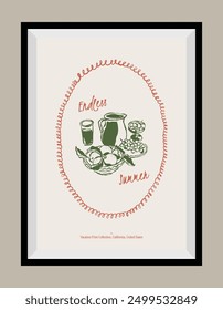 Minimal hand drawn vector dolce vita illustration with aesthetic quote in a poster frame. Art for greeting cards, wedding invitations, postcards, branding, logo design. Matisse style illustrations.	