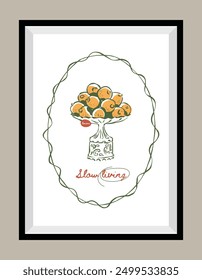 Minimal hand drawn vector dolce vita illustration with aesthetic quote in a poster frame. Art for greeting cards, wedding invitations, postcards, branding, logo design. Matisse style illustrations.	