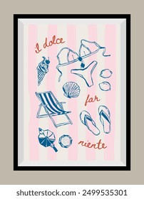 Minimal hand drawn vector dolce vita illustration with aesthetic quote in a poster frame. Art for greeting cards, wedding invitations, postcards, branding, logo design. Matisse style illustrations.	