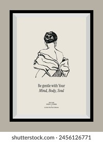 Minimal hand drawn vector female silhouette illustration with aesthetic quote in a poster frame. Matisse style illustrations.