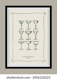 Minimal hand drawn vector food and beverages illustration with aesthetic quote in a poster frame. 