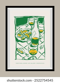 Minimal hand drawn vector food and beverage illustration with aesthetic quote in a poster frame.