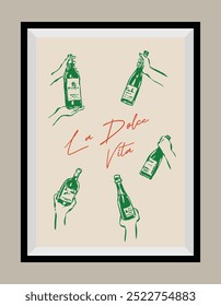 Minimal hand drawn vector food and beverage illustration with aesthetic quote in a poster frame.