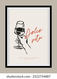 Minimal hand drawn vector food and beverage illustration with aesthetic quote in a poster frame.