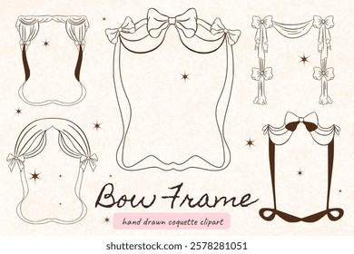 Minimal hand drawn vector frames collection. Art for greeting cards, wedding invitations, poster design, postcards, branding, logo design, background, Coquette frame, ribbon border outline, vintage.