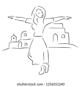 Minimal hand drawn vector illustration of a Young girl performing Greek Dancing in a Greek Background