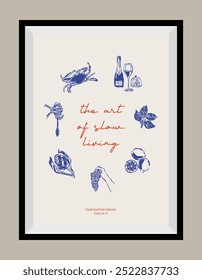 Mínimo desenhado à mão vetor cozinha italiana ilustração com citação estética em um quadro de cartaz.