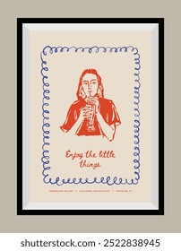 Minimal hand drawn vector Italian cuisine illustration with aesthetic quote in a poster frame.
