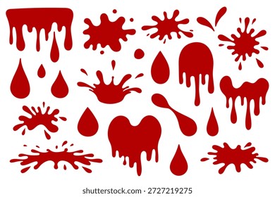 Conjunto de Vector mínimo dibujado a mano con gotas de sangre, manchas y salpicaduras. Estilo médico limpio con Formas suaves y contorno simple. Perfecto para diseño de salud, infografía, signos de peligro y visuales de ciencia.