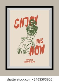 Minimal hand drawn vector woman silhouette illustration with aesthetic quote in a poster frame. Matisse style illustrations.