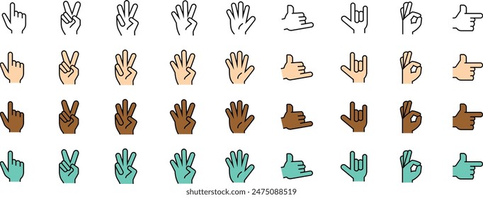 Minimal hand gesture icon set with color or without color 