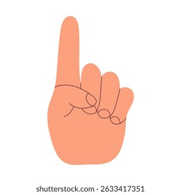 Minimal hand gesture illustration showing an index finger pointing up. Flat style, isolated on white background, symbol of attention or instruction.