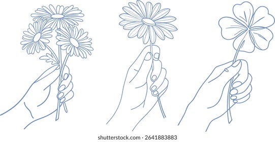 Minimal Hand Holding Flower Line Art – Elegant Blue Botanical Sketches Featuring Daisies and Clovers for Feminine Design, Wellness Branding, Tattoo Inspiration, and Nature-Inspired Clipart Artworks