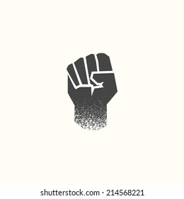 Minimal hand icon, with grunge texture. Flat design. Cartoon style. Black and white. Geometric fist sign. Use for card, poster, brochure, banner, web design. Easy to edit. Vector illustration - EPS10.