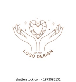 Minimal hand logo or delicate emblem in linear style. Women's hands with crystal and stars. Vector boho icon for handmade products, jewelry, cosmetics, wedding concept illustrations etc. Branding.