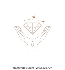Minimales Handlogo im trendigen linearen Stil. Frauenhände mit Kristall und Sternen. Vektorgrafik Linear Boho Icon für handgemachte Produkte, Schmuck, Kosmetik, Hochzeitskonzept Illustrationen	