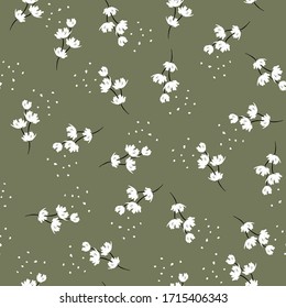 Minimal Hand Paint Brush White Floral Seamless Repeat Pattern With Small Flowers Vector EPS10.Design For Fashion,fabric,web,wallpaper,wrapping And All Prints On Vintage Light Green Color