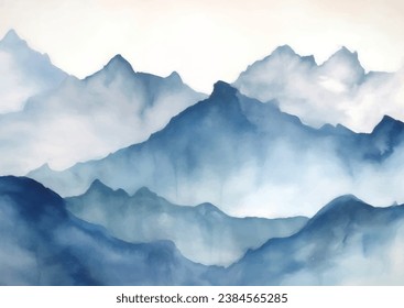 Minimal hand painted Japanese style watercolour mountain landscape 