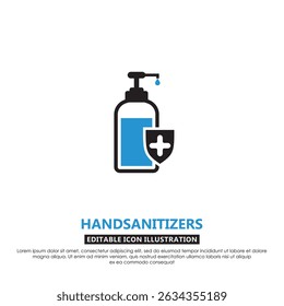 Minimal hand sanitizer bottle icon with blue drop and medical shield. Ideal for healthcare, hygiene, and safety design themes