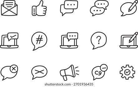 Comunicación dibujada a mano mínima y Colección de iconos de línea de interfaz de usuario