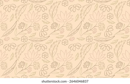 Minimal Hand-Drawn Floral Seamless Pattern with Beige Line Art Botanical Elements
