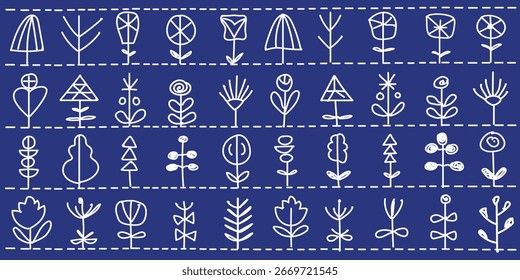 Modelo inconsútil floral dibujado a mano mínimo con las flores abstractas y los garabatos botánicos en fondo azul. Diseño de Vector decorativo moderno perfecto para textiles, Fondo de pantalla, envoltura y marca.