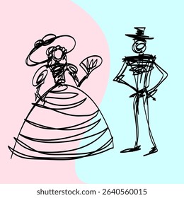 A minimal hand-drawn one-line sketch featuring a vintage couple – a gentleman in a tall hat and a lady in an elegant wide gown with a fan.