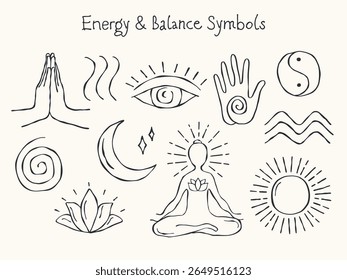 Conjunto de vetores de contorno mínimo desenhado à mão de símbolos de energia e equilíbrio. Inclui ondas, espiral, yin-yang, linhas de respiração, mão com ponto de energia, círculo de energia, gesto namaste, lua, figura meditando