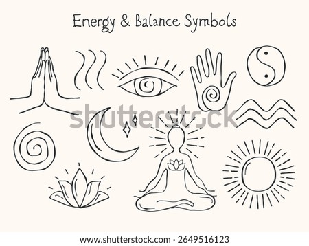 Minimal hand-drawn outline vector set of energy and balance symbols. Includes waves, spiral, yin-yang, breathing lines, hand with energy point, energy circle, namaste gesture, moon, meditating figure