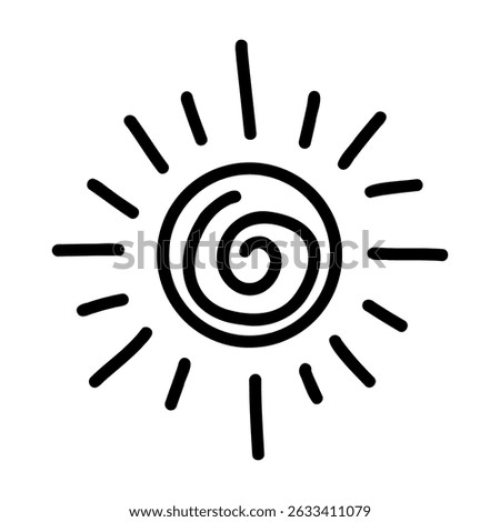 Minimal hand-drawn sun icon with bold black lines and radiating rays. Simple boho aesthetic perfect for tattoo design, stickers, logo, web elements, kids art, and summer-themed graphics. Vector art