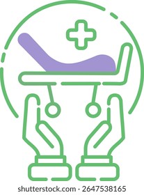 Mãos mínimas segurando maca do hospital — ícone verde do vetor da linha roxa