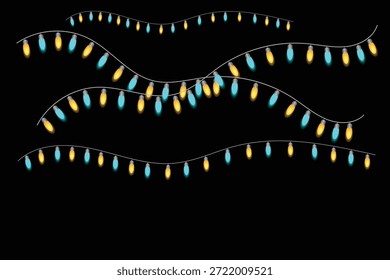 Ilustración de cadena de luces de Navidad colgantes mínimas sobre fondo negro ideal para diseños festivos de tipografía de camisetas Anuncios posters impresiones y proyectos creativos de temporada
