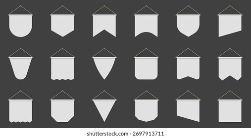 Minimal hanging flag with different geometric shapes on dark background. Simple clean template for decoration or award themes