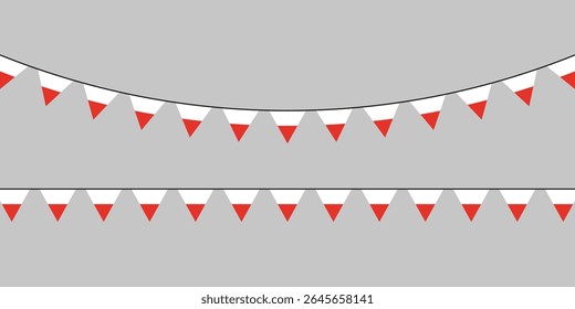Minimal hanging garland of national flag pennants in red and white—ideal for patriotic, sports, or cultural celebration themes.