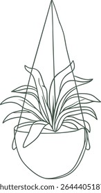 Minimal hanging plant line art illustration in black outline, perfect for botanical designs, home  visuals, eco-themed artwork, gardening projects, and indoor greenery inspiration.