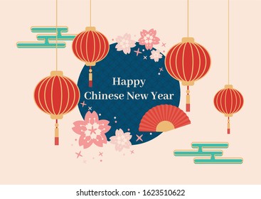 Minimal happy Chinese new year card in pastel color with red lantern red fan and pink cherry blossom flower