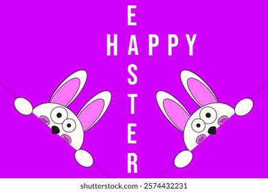 Minimal happy Easter banner template design with funky Easter Bunny. Joyful Easter holiday. Greeting Typography vector illustration. EPS 10