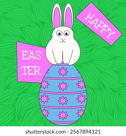 Minimal Happy Easter poster cover with weird Easter Bunny. Trippy flat Bunny on the Easter Egg. Overlay typography greeting card. Vector illustration for invitation card cover. EPS 10	