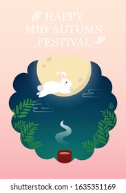 Minimal happy mid-autumn festival poster with moon hot tea and rabbit in night sky